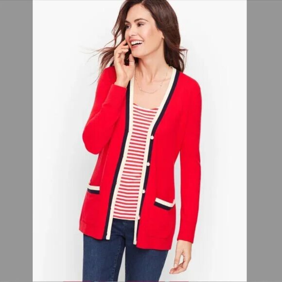 Talbot’s super soft Cashmere blend V neck red nautical Cardigan pearl buttons M - Picture 1 of 11